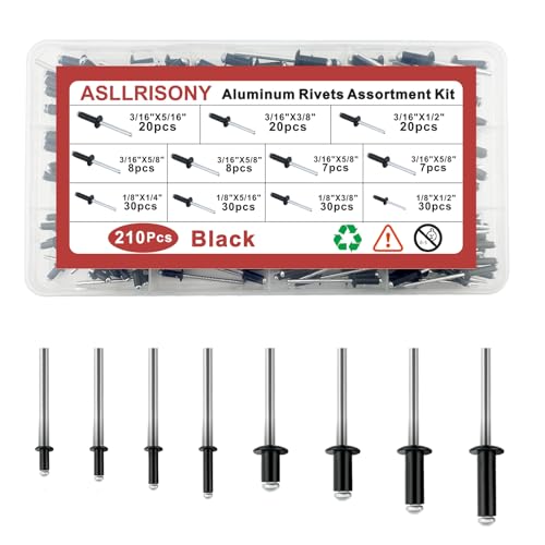210Pcs Black 3/16 Inches,1/8 Inches Pop Rivets Assortment Kit, 8 Sizes Aluminum Rivets,Aluminum blind rivets for metal Dome Head rivet kit