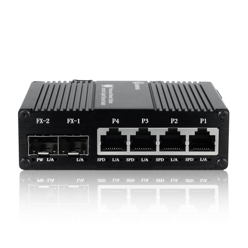 Industrial 6 Port Umanaged Ethernet Switch, Network Switch, 4 Port RJ45 10/100/1000BASE-T+2 Gigabit SFP Slot 1000Base-X, Plug & Play, Din Rail or Wall Mount, AC 110V~220V Wide Voltage Input