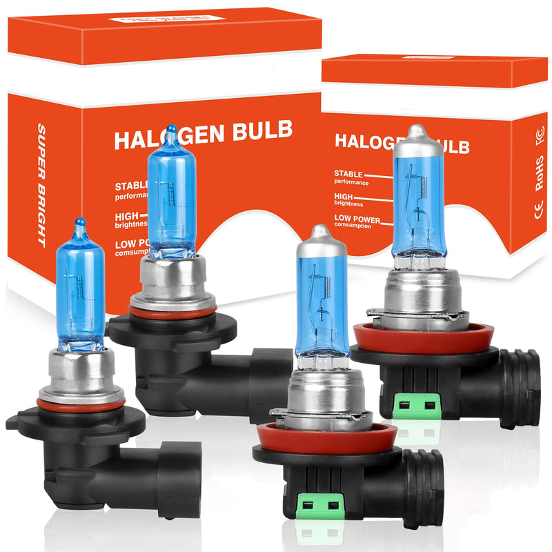 Halogen Headlight Bulbs for Chevy Equinox 2010-2018, 9005 High Beam & H11 Low Beam, 100W 10000LM 5000K White, 300% Brighter Halogen Replacement Bulbs, Plug and Play,Pack of 4
