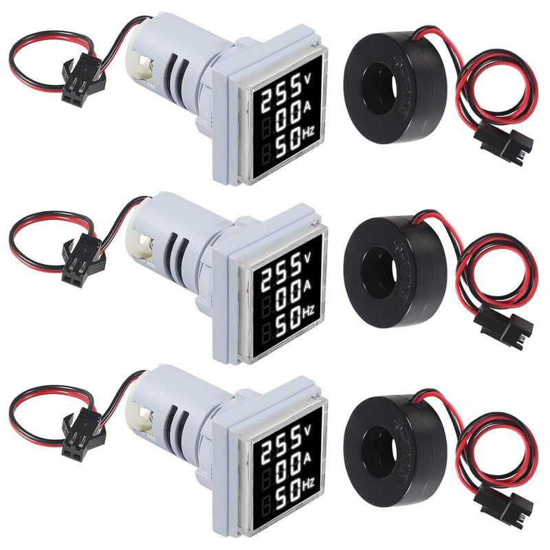 3pcs 3 in 1 60-500V 0-100A AC Digital Ammeter Voltmeter, 22mm Square Digital Tube Screen with Transformer, LED Display Voltage Detector Current Tester Gauge(White) White 3 in 1 Square