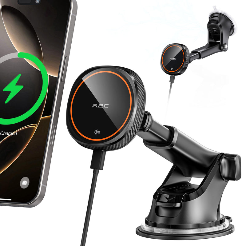 APPS2Car Magnetic Car Phone Mount - Designed Only for MagSafe iPhone 17-12 Series, Orange/Black Data Cable (Random)