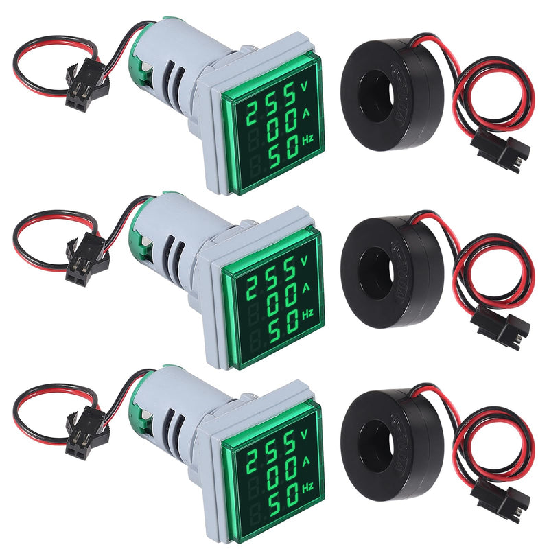 3pcs 3 in 1 60-500V 0-100A AC Digital Ammeter Voltmeter, 22mm Square Digital Tube Screen with Transformer, LED Display Voltage Detector Current Tester Gauge(Green) Green 3 in 1 Square