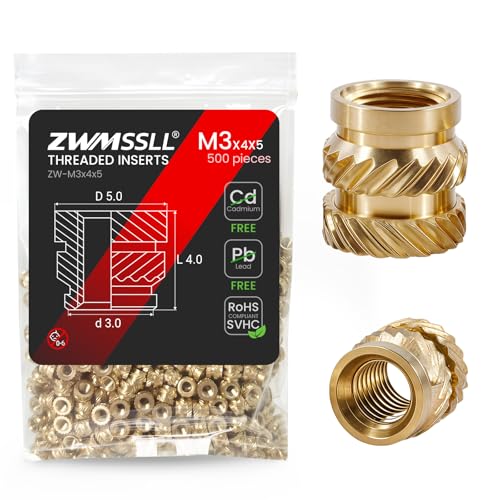 M3 Heat-Set Threaded Inserts, M3x4x5mm(500Pieces) Heat Set Insert for 3D Printing Components and Plastic Parts,Brass Metric Knurled Nuts 500