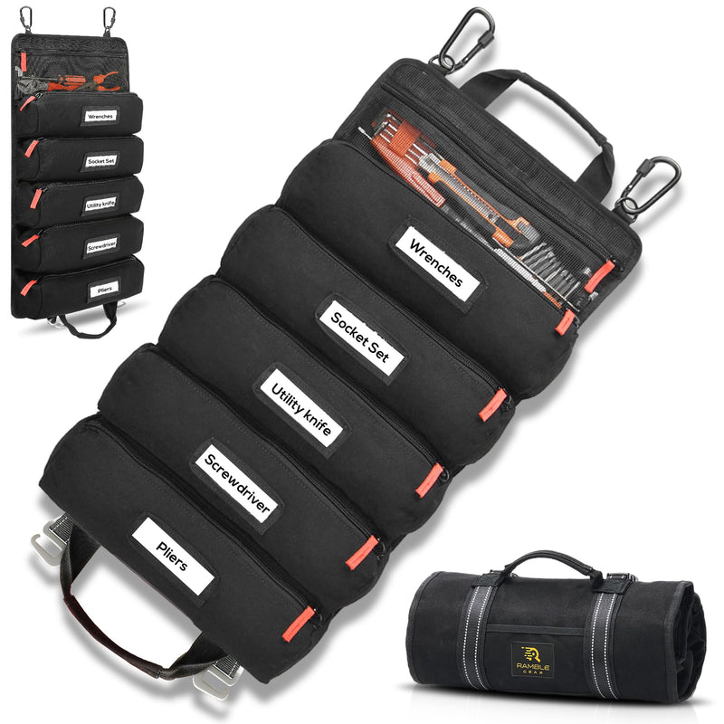 Roll up tool bag with Carabiners - 5 Large Oversized Pockets with Labels-Tool roll bag organizer - Canvas foldable tool Bag organizer | Tool organizer bag for Mechanic, Electrician & more Black