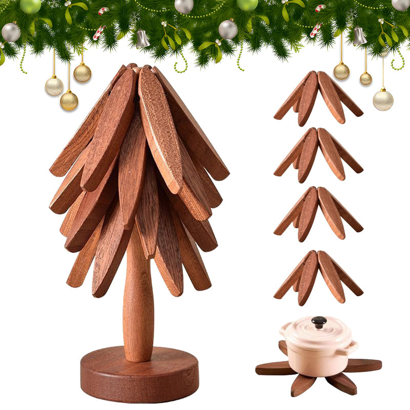 Wooden Trivets for Hot Dishes, Tree Shape Trivet Set, Foldable Kitchen Wooden Trivets, Tree Coaster for Hot Dishes、Pot、Bowl、teapot、hot Pot Holders (4 Piece-Walnut) 4 Piece-walnut