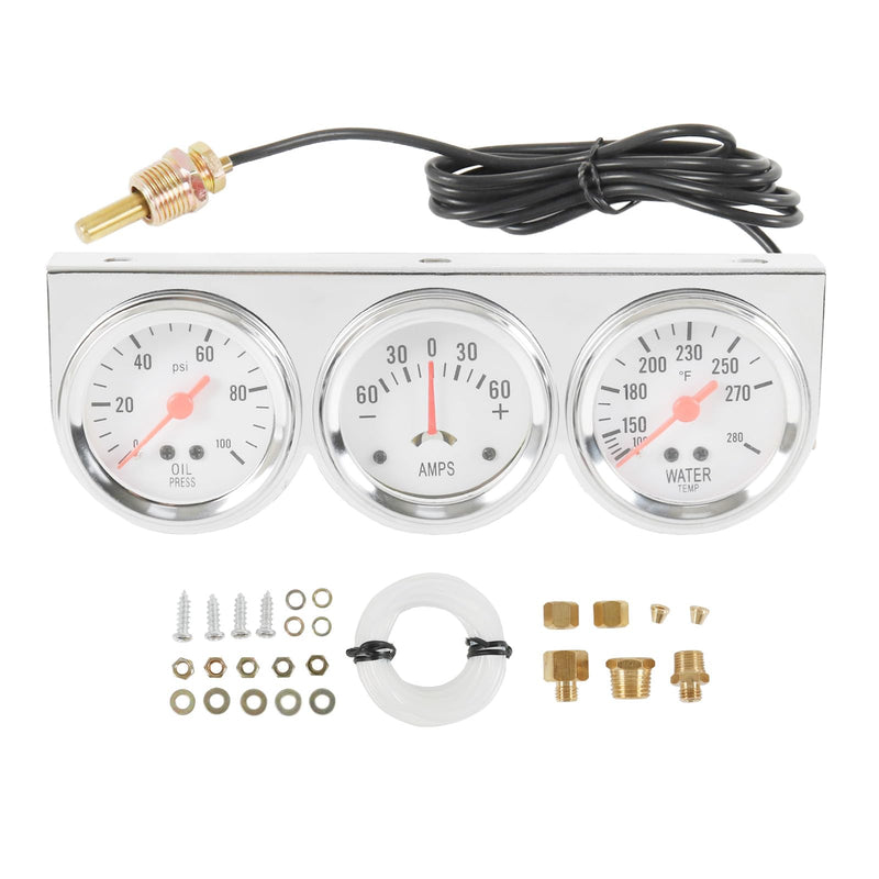 JDMSPEED 2" 52mm Triple Gauge Set Kit (Oil Pressure Gauge + Water Temperature Gauge + AMP Meter) 3‑in‑1