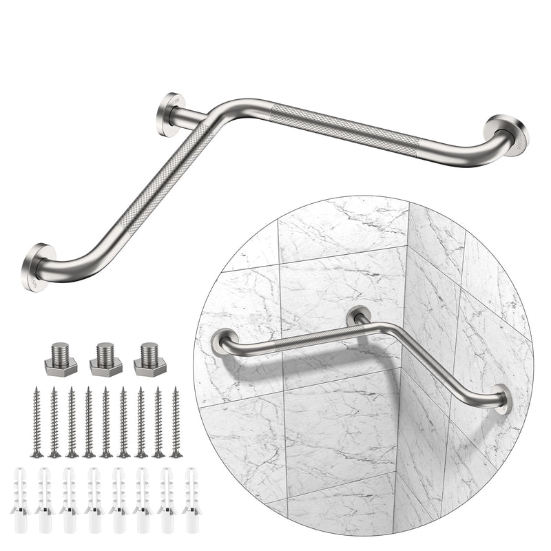 16 Inch Angled Shower Grab Bar, Munzong Anti Slip Satin Brushed Nickel Bathroom Grab Bar, L-Shaped Knurled Balance Bar, Safety Hand Rail Support Handicap Elderly Injury Senior Assist Bath Handle