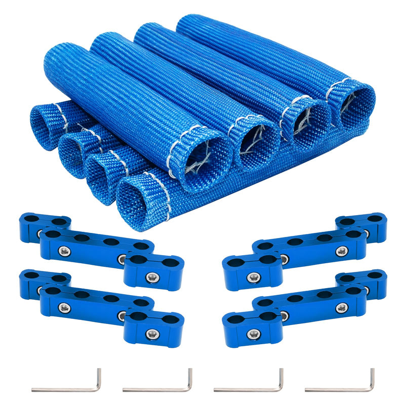  [AUSTRALIA] - 12pcs Spark Plug Wire Separator Divider & 8pcs Spark Plug Wire Boots Protector Heat Shield Sleeve, Aluminium Alloy Engine Spark Plug Wire Divider Separator Kit for 8mm 9mm 10mm Wire Blue