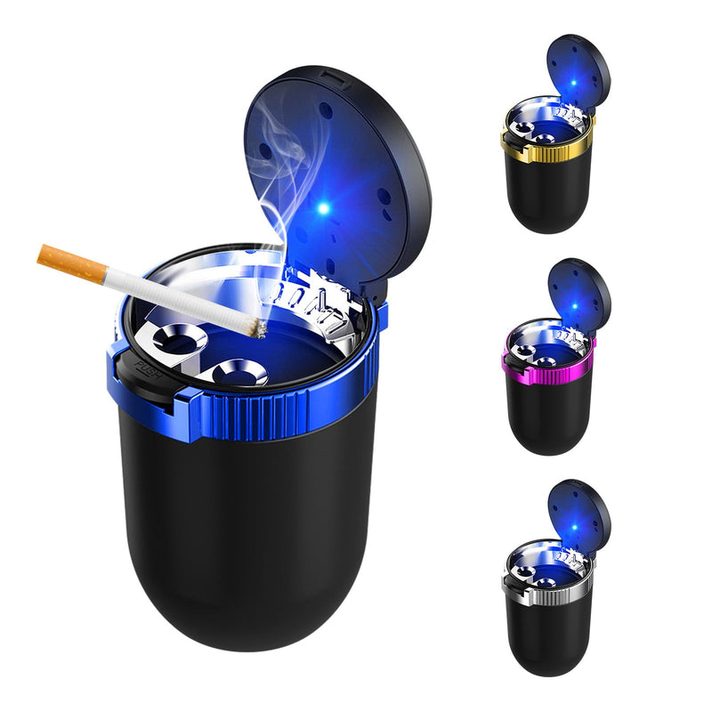 Car Ashtray with Lid, Detachable Stainless Steel Ash Tray with LED Blue Light, Portable Mini Vehicle Cup Holder Trash Can Smell Proof Ashtray Cup, Universal Car Accessories (Blue)