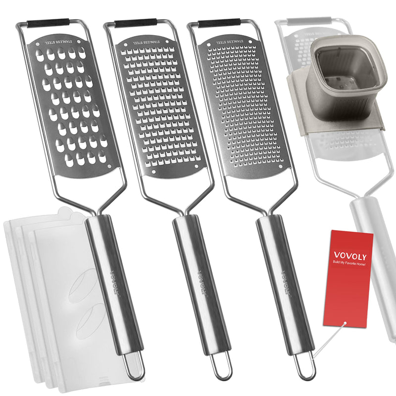 Vovoly 4-Pcs Pro Set Zester Grater Set, Cheese Grater with Razor-Sharp Stainless Steel Blade, Fine/Coarse/Extra Coarse/Slider Attachment Silver_4-Pcs Pro Set