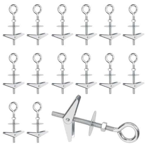 Swpeet 15 Set M6×70mm Eye Bolt Toggle Bolts and Wing Nut Kit with Hex Nuts, Washers Assortment Kit, Heavy Duty Butterfly Toggle Anchors Swag Hooks for Hanging Heavy Items on Drywall