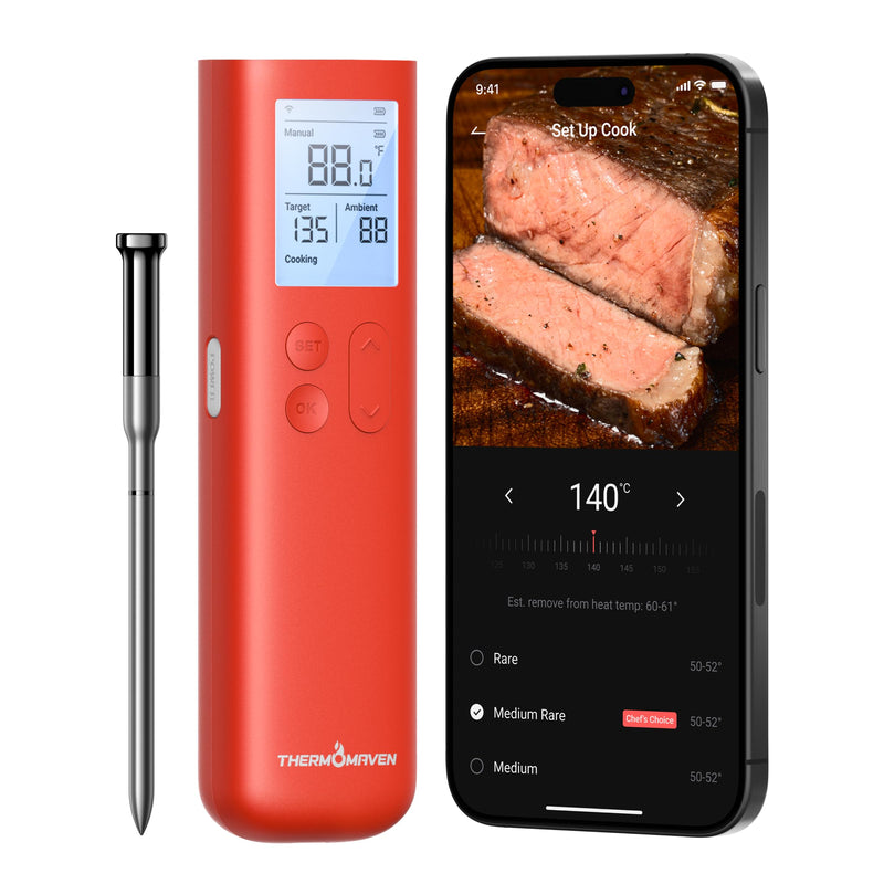  [AUSTRALIA] - ThermoMaven Smart Bluetooth Wireless Meat Thermometer, 10X Enhanced Sub-1G Signal and Stability, Standalone Display Base, Certified Accuracy ±0.5°F, WiFi Unlimited Range for BBQ, Oven, Smoker, Grill Red