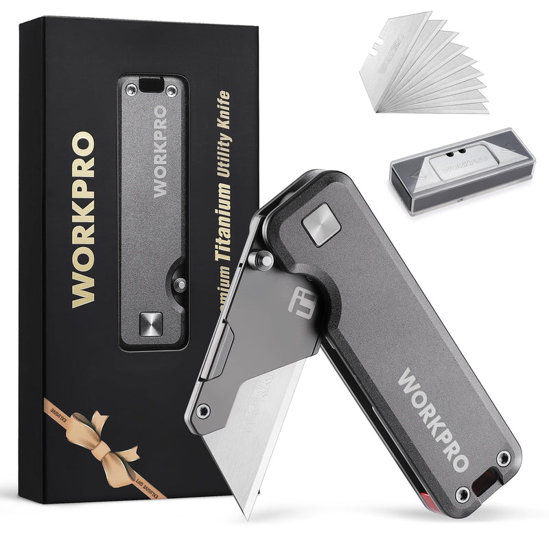 WORKPRO Premium Titanium Utility Knife, CNC Unibody, Lightweight Aluminium Handle Folding Box Cutter, Quick Change Blade Razor Knife,Ideal Gifts for Men Women, with 10 Extra Blades