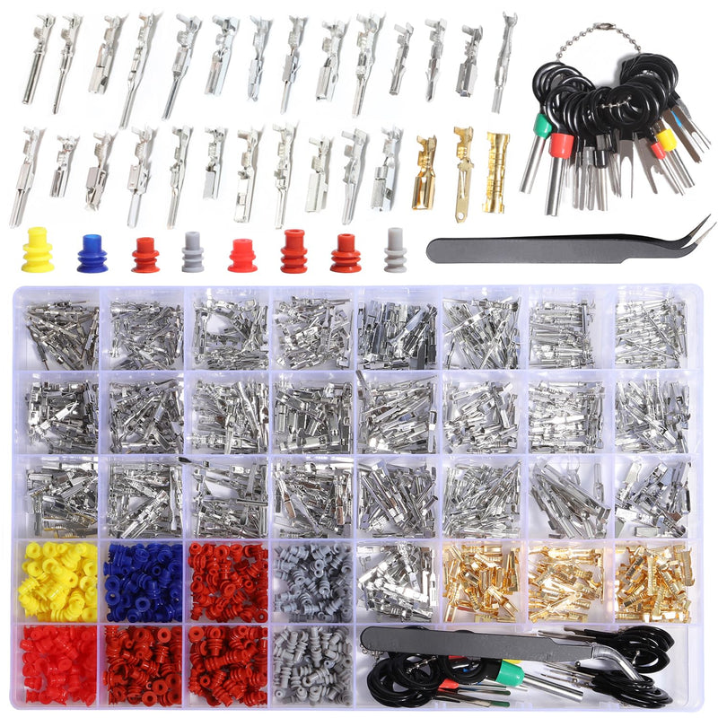 Connector Pins Kit Crimped Terminal Pin Automotive Car Electrical 1/1.5/1.8/2.2/2.3/2.5/2.8/3.5mm Male&Female Wire Seals Removal Tool kit Motorcycle ATV Wire Non-Insulated Plug Crimp Set 950pcs