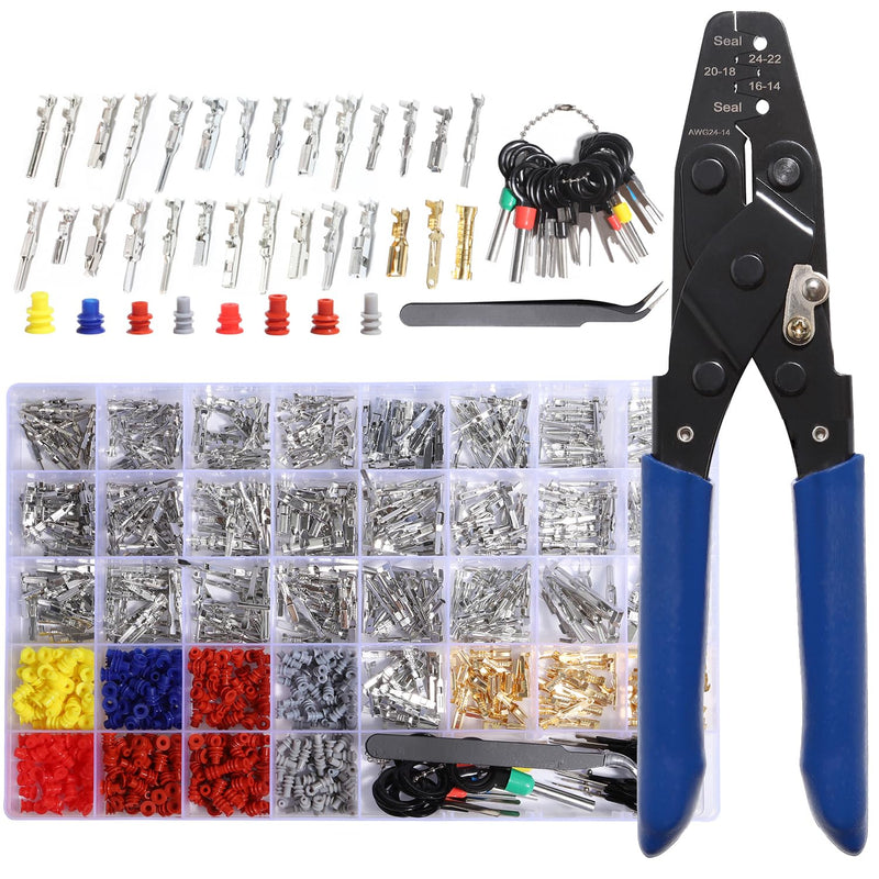 Connector Pins Kit Terminal Pin Automotive Car Electrical 1/1.5/1.8/2.2/2.3/2.5/2.8/3.5mm Male&Female Wire Seals Removal Tool kit Motorcycle ATV Wire Non-Insulated Plug Crimp tools Set 950pcs Crimping Tool