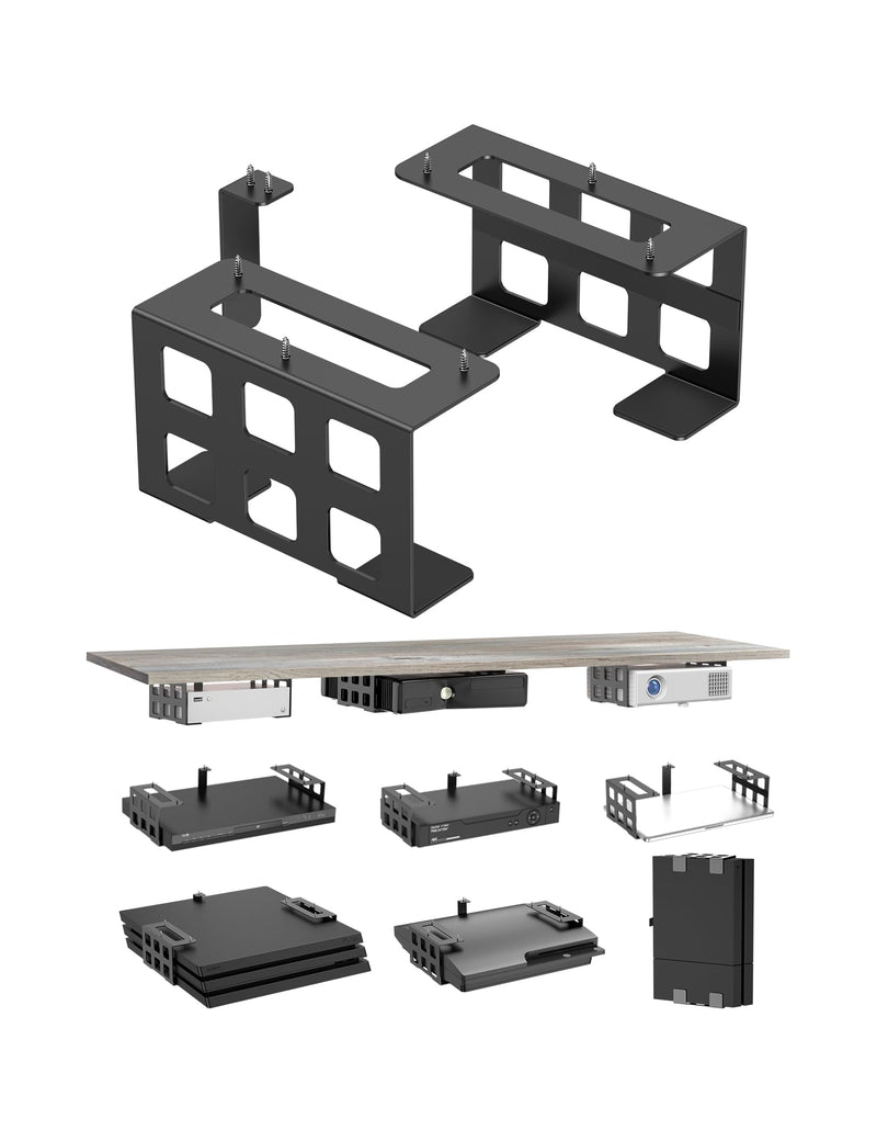 Universal Under Desk Mount Holder for Game Console, Media Players, Audio Interface, Mini Pc, UPS System, Projector Ceiling Mount Fit for Any Other 0.6" to 3.5" Thick Devices (Black) Black