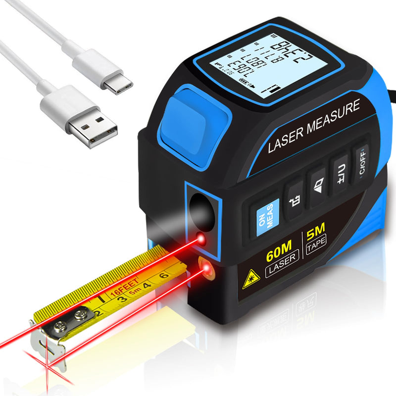 Menider 4-in-1 Laser Measure Tool - Digital LCD & Self-Locking, 196ft/60m Laser & 16ft/5m Tape, Cross Line & Dual-Axis Angle, Rechargeable for Pros