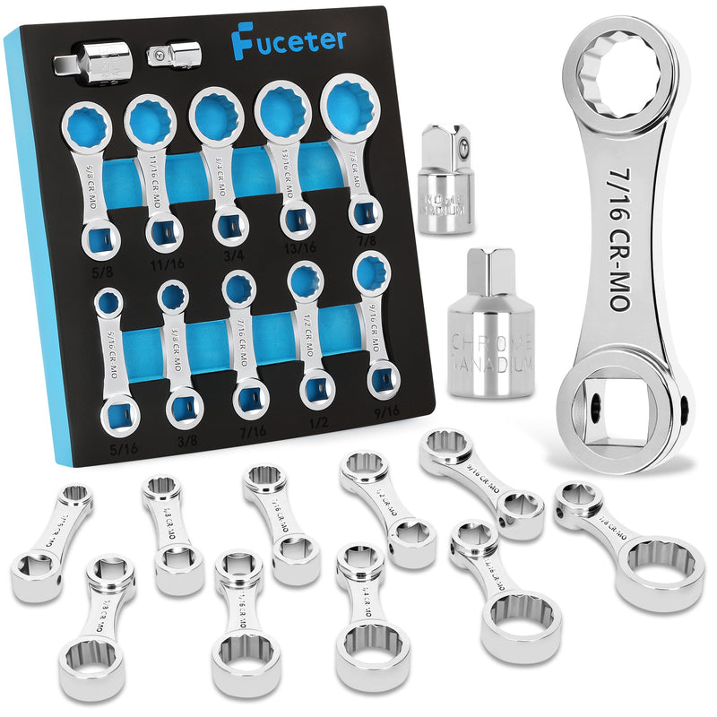 Torque Adapter Set SAE 12PCS, Includes 5/16", 3/8", 7/16", 1/2", 9/16", 5/8", 11/16", 3/4", 13/16", 7/8", 12 Point Box End Torque Wrench Extension Adapter 3/8" Drive, with 1/2" + 1/4" Drive Converters SAE 5/16" - 7/8"