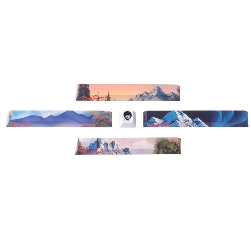 Officially Bob Ross Keycaps -Panoramic Scenic Spacebars& Escape Key with Dye-Sublimated Art, 1.5mm Thick PBT, Cherry Profile- 6.25u and R1 1u MX Compatible 4 Scenic Spacebars & Bob Ross Esc Key Bundle