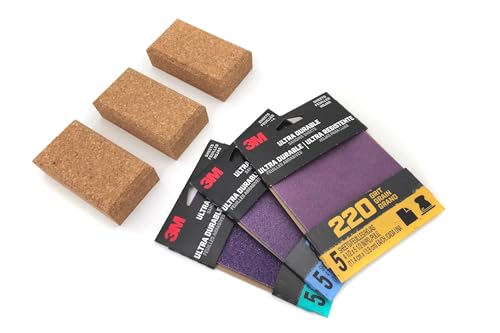 Cork Sanding Block Set with Ultra Durable Sandpaper – Includes 3 Cork Sanding Blocks and 15 Sheets (80, 120, 220 Grit)