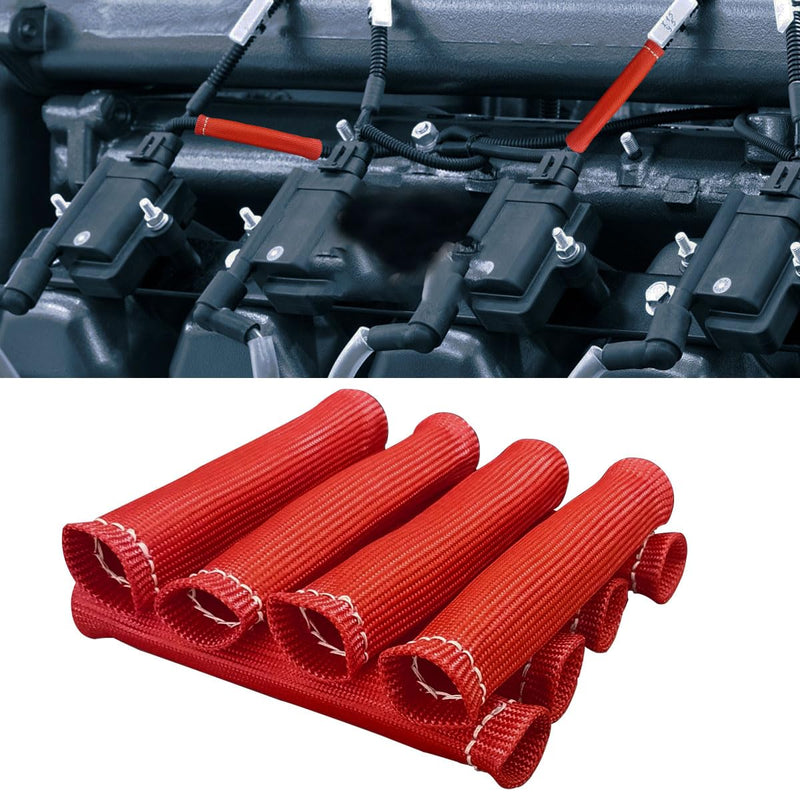 8PCS Spark Plug Wire Heat Shield Sleeve, 1500° Spark Plug Wire Cover Wrap for SBC BBC 350 454, 6 Inch Spark Plug Boot Protector Sleeve, Universal Sleeve Cover Replacement for Most Cars (Red) Red