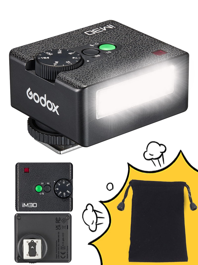 Godox Flash Godox iM30 Mini Flash - Camera Flash GN 15, 7 Power Levels, IM 30 Mini Manual Flash for Canon/Sony zv1/Sony zve10 /Ricoh gr3/Fuji f1-230 Full-Power Flashes/6500K±200K/3.6S Recycle
