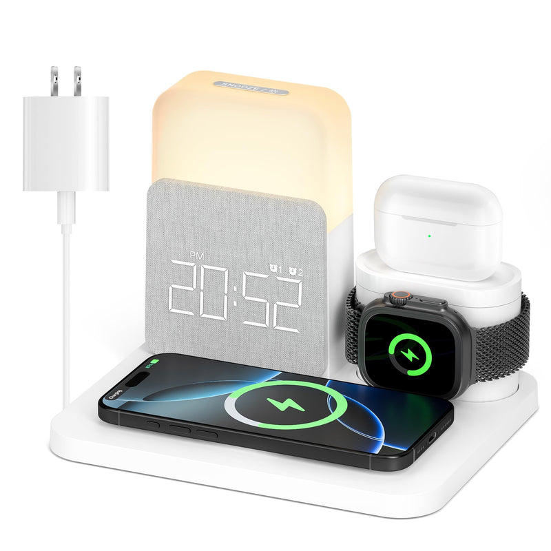 Alarm Clock Charging Station for Bedrooms, 7 in 1 Wireless Charging Station, Magnetic Charger with Night Light Bedside Clock for iPhone 17 16 15 14 13 12 Pro Max, Apple Watch, AirPods (White) White
