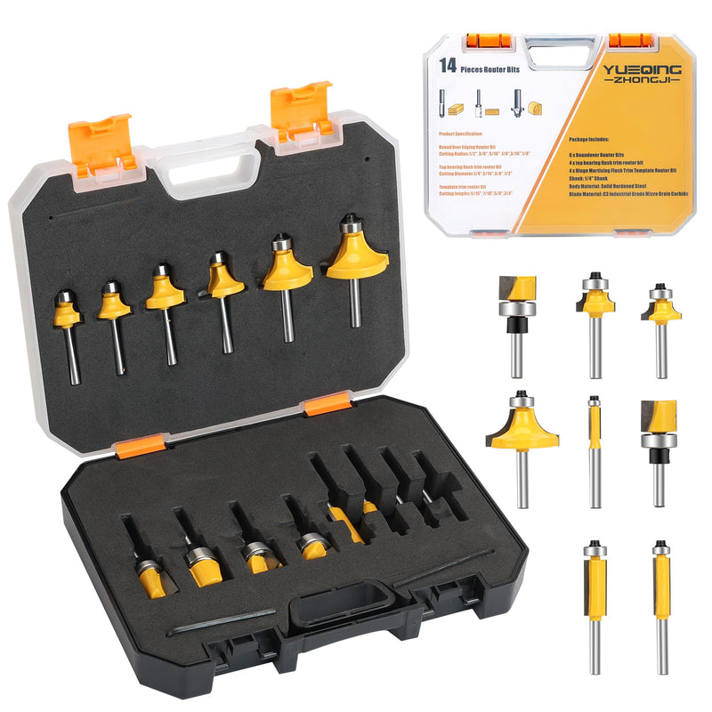 14 PCS Router Bits Set 1/4 Inch Shank | Conventional Universal Set, Roundover Router Bits, Flush Trim Router Bit, Hinge Mortising, Flush Trim Template
