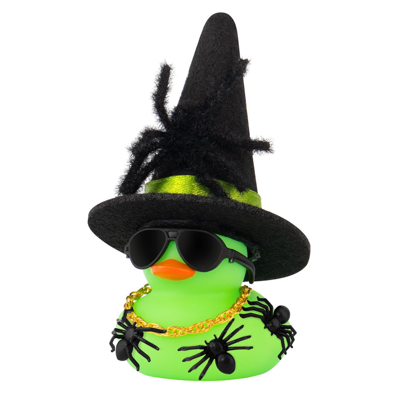 wonuu Car Dashboard Decorations Spiders Witch Rubber Ducks for Halloween, Duck for Office Desk Ornament Accessories with Hat, Glasses, Chain, Plush and Plastic Spider, Green