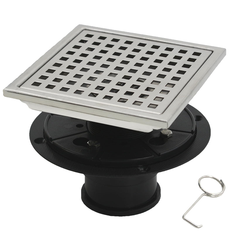 6 Inch Square Shower Floor Drain with Flange, Removable Quadrato Pattern Grate, Food-Grade SUS 304 Stainless Steel, Brushed Nickel with Hair Filter & Anti-Drop Design 6 Inch