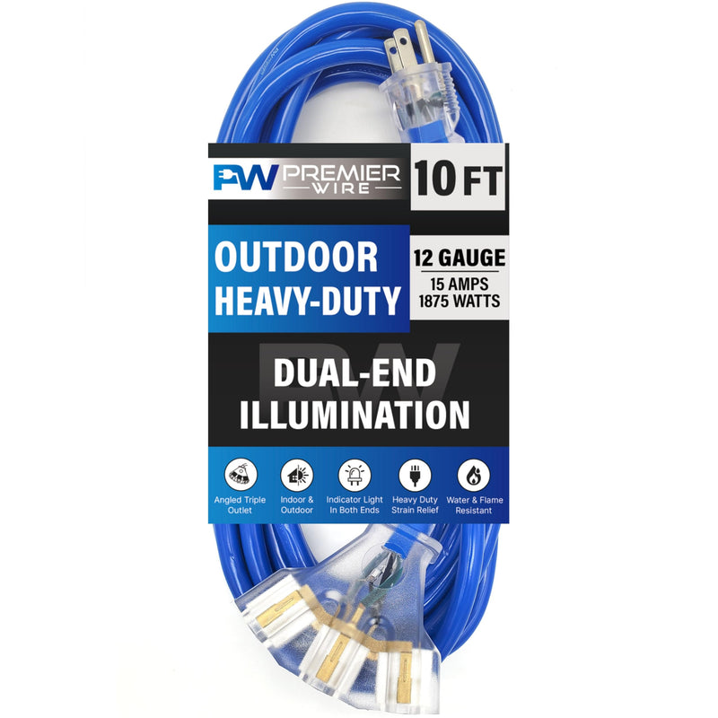 10 ft - 12 Gauge Heavy Duty Extension Cord - Lighted on Both Ends - SJTW Blue - Outdoor Extension_Cord Waterproof 10 ft by Premier Wire - 15 Amp ExtensionCord (10 Foot 12-Awg Power Cord Blue)