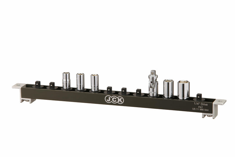 JCK 1/4" Aluminum Socket Holder Tray, 360° Swivel Tool Organizer Rail Kit for Tool Box, Wall Hanging, Premium Quality and Lightweight, 12 Clips, Brass Screw Series 1/4" Drive Socket Holder