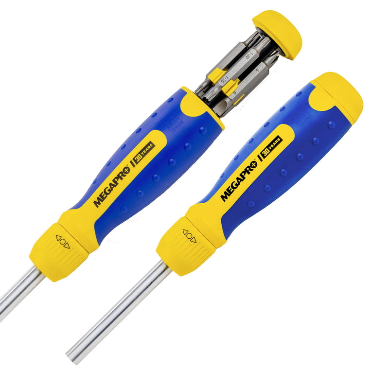 RATCHETING SCREWDRIVER - 13-in-1 Multi Bit Screw Driver w/ " Hex Shaft for Phillips, Star, Flat, Square Bit - Retractable Cartridge - Multi Screwdriver (Yellow)