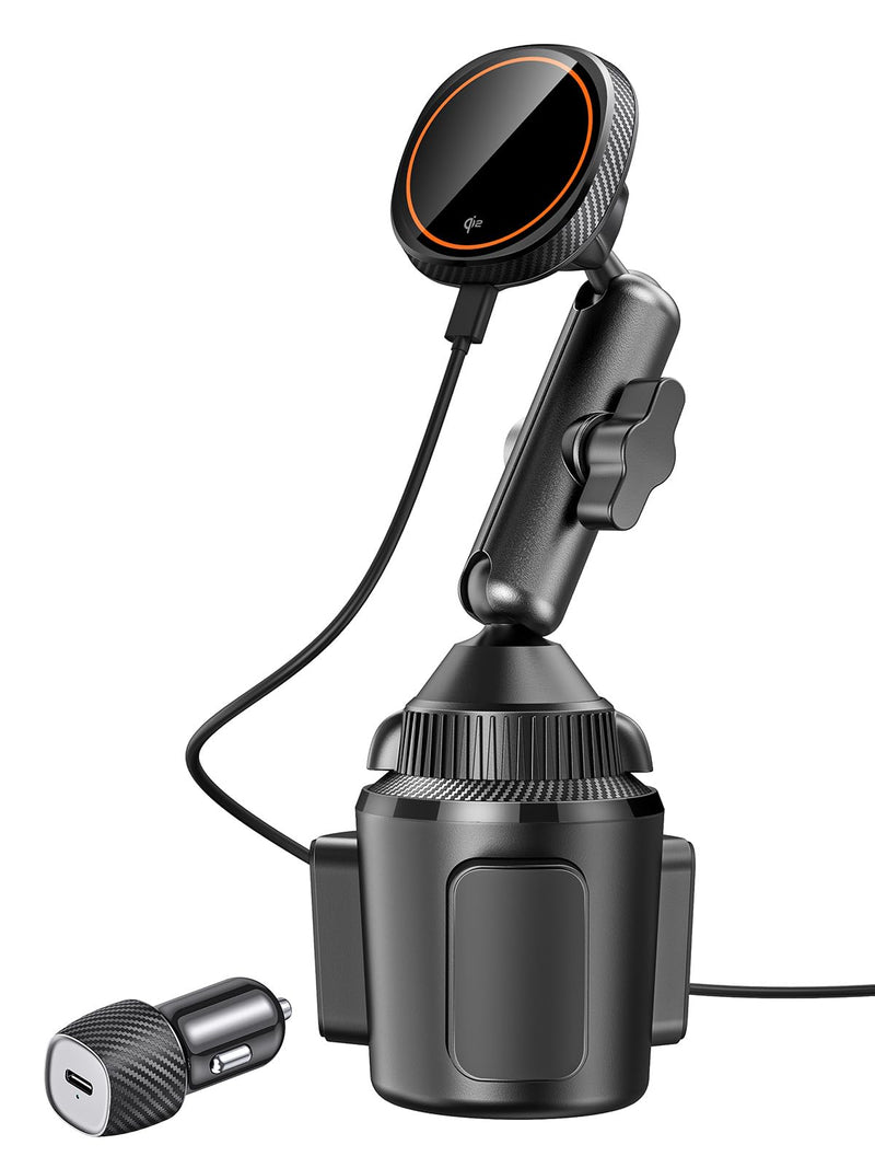 EXELIQ for Qi2 15W Magsafe Car Mount Charger, Magnetic Car Cup Phone Holder | Heat Dissipation Fan, Wireless Fast Charging, Tri-Pivot Cup Holder Phone Mount for iPhone 17 16 15 14 13 12 [PD 30W Adapter]
