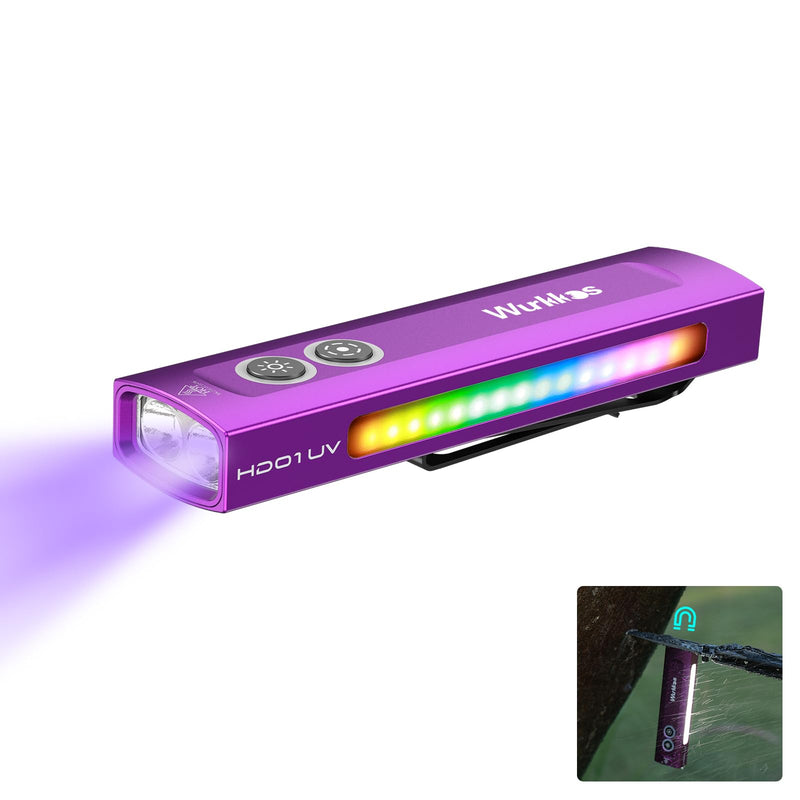 Wurkkos HD01 UV Flashlight, Rechargeable EDC Flashlight, Led Flashlight with 365nm UV Light, 1200 Lumens Flat Flashlight with RGB, Pocket Light for Emergency, Pet Urine Detection(Purple) Purple