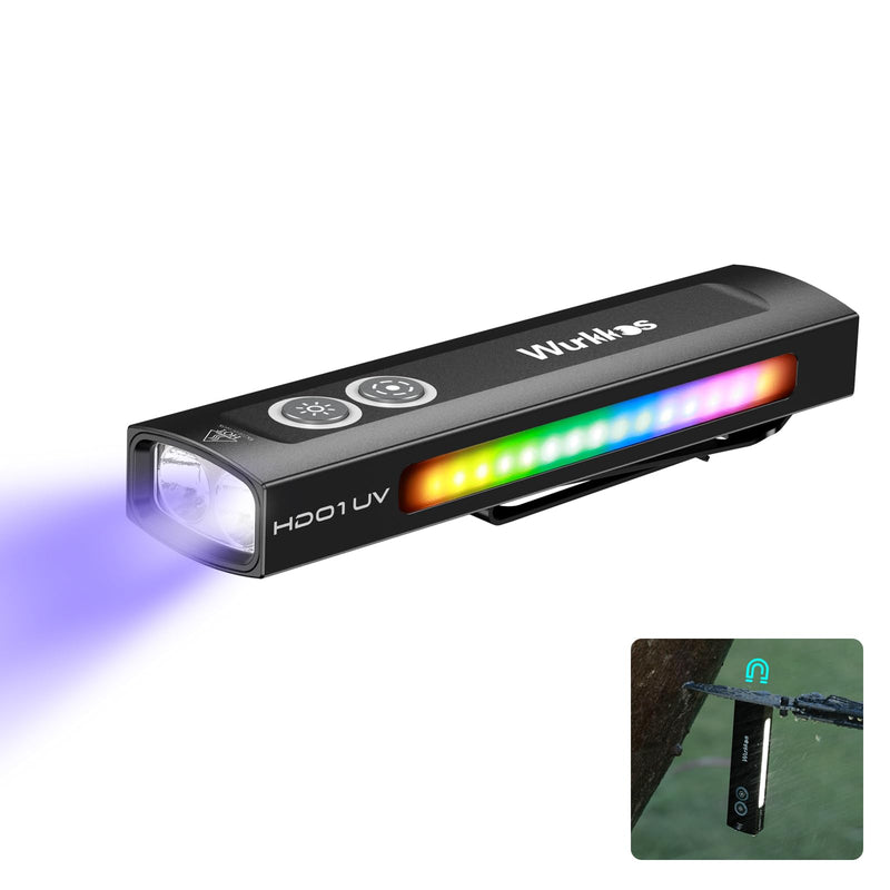 Wurkkos HD01 UV Flashlight, Rechargeable EDC Flashlight, Led Flashlight with 365nm UV Light, 1200 Lumens Flat Flashlight with RGB, Pocket Light for Emergency, Pet Urine Detection (Black) Black