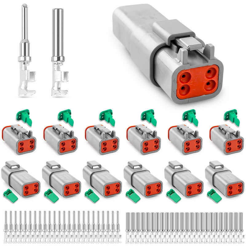 JRready DW1017 4 Pin Deutsch DT Connector Kit, IP68 Waterproof Gray DT Connectors Electrical Automative Wire Connectors with 24Pairs Size 16 Stamped Contacts 16-18 AWG, for Car Truck Boat, 6 Sets 4 pin 6 sets