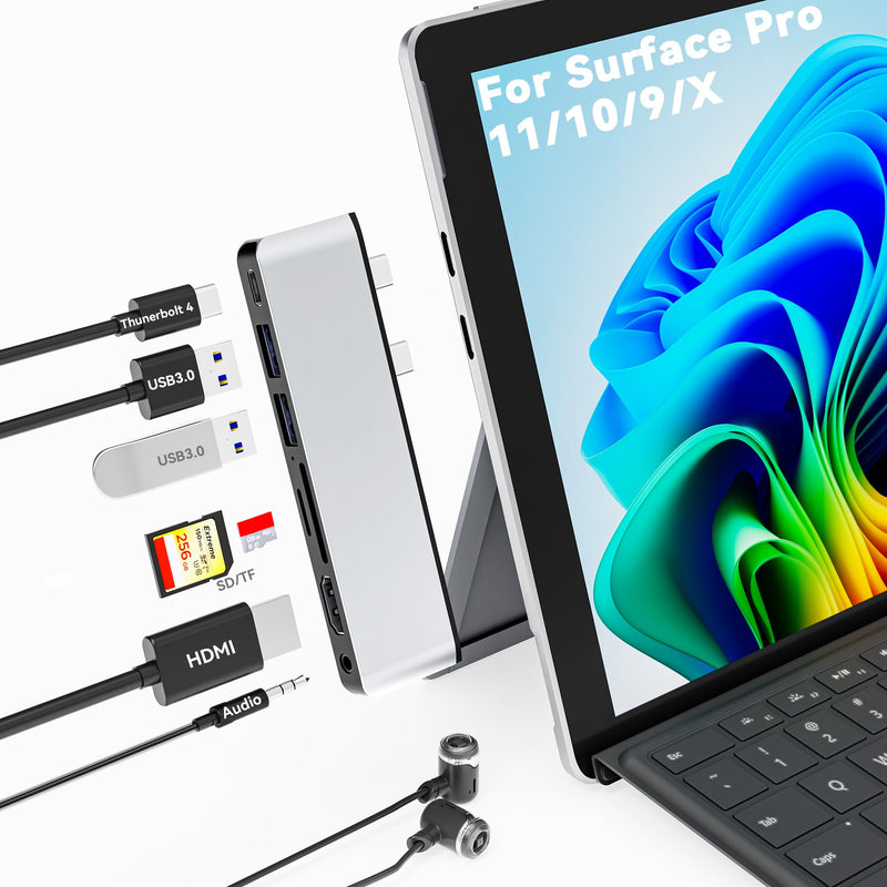 Surface Pro 11 USB C Adapter, Surface Pro 9 Hub Docking Station with 4K HDMI, Thunerbolt 4 (8K Video+Data+100W PD), 2*USB 3.0, 3.5mm Audio, SD/TF, USB C Hub for Surface Pro 11 Copilot/10/9/X slivery