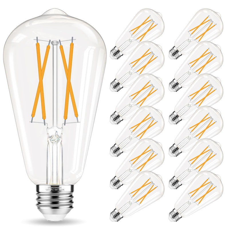 Edison Bulbs 60 watt LED Equivalent, Vintage Light Bulbs Non-Dimmable, 2700K Warm White, ST58 E26 LED Bulb, 90+ CRI, 6W 600LM, E26 Medium Base, Clear Glass, 12 Pack