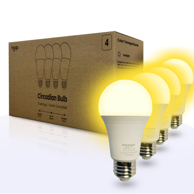 hooga Circadian Rhythm Full Spectrum LED Light Bulb - 2700K, 2100K, 1400K, Flicker-Free, Blue Light Free Night Mode, 7W Energy Efficient Warm White for Sleep, Relaxation & Focus - 4 Pack Circadian 4-pack