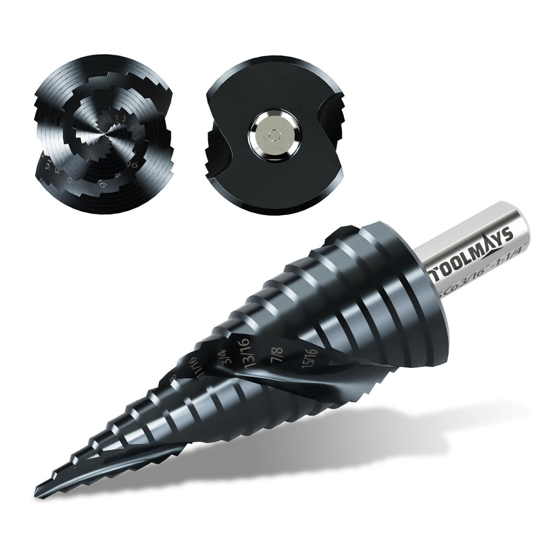 M35 Cobalt HSS Step Drill Bit, Nano TiAlN Coating with Spiral Flute, 18 Steps 3/16"–1-1/4", 3/8" Tri-Flatted Shank for Stainless Steel, Metal, Wood & Plastic Black