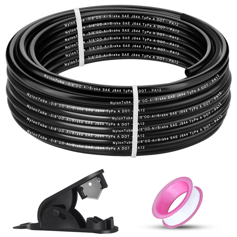 3/8" OD x 50FT DOT Air Line Black SAE J 844 PA12 Nylon Air Brake Tubing with Cutter and Teflon Tape, Pneumatic Nylon Air Line Hose for Semi Truck Trailer Air Brake System & Fluid Transfer 50FT-3/8"OD