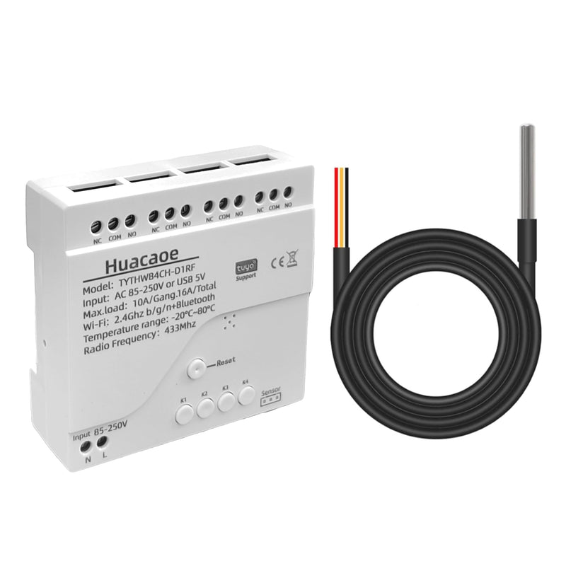 Tuya WiFi Smart Temperature Sensor Controller,4CH 85-250V Relay Switch, Remote Voice Control, APP Remote Control, Dry Contact, Real-Time Monitoring, Compatible with Alexa and Google Home 4CH 110V Temperature