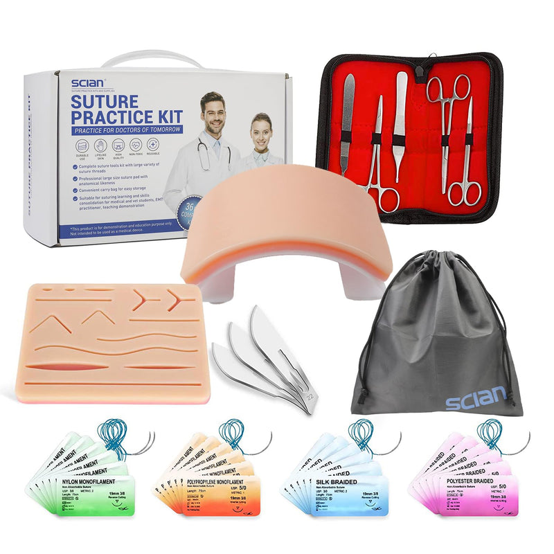 Scian Advanced Practice Kit for Medical Students (36 Pcs) Complete Suture Kit Includes Variety of Suture Threads, Unique Arch-Shaped Pad, Suture Pad with 14 Pre-Cut Wounds (Education Only)
