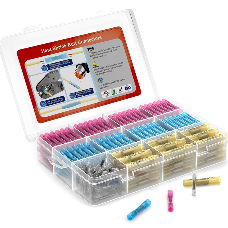 AIRIC Heat Shrink Butt Connectors Kit 26-10 AWG, 380 pcs Waterproof Crimp Splice Terminal, Marine Connector for 26,24,22,20,18,16,14,12,10 Gauge Wire, Wiring Crimps Terminals Red/Blue/Yellow/White