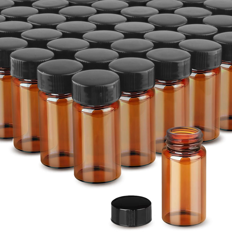 100 Pack,Glass Essential Oil Bottle with Screw Caps,Empty Refillable Travel Glass Liquid Sample Vial Labs Preservation Storage Leakproof Vials Test Container with Black Screw Caps (Amber, 20ml) Amber