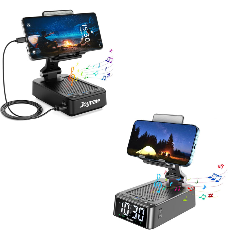 Phone Stand with Bluetooth Speaker - one with Alarm Clock and The Other with Charging Function