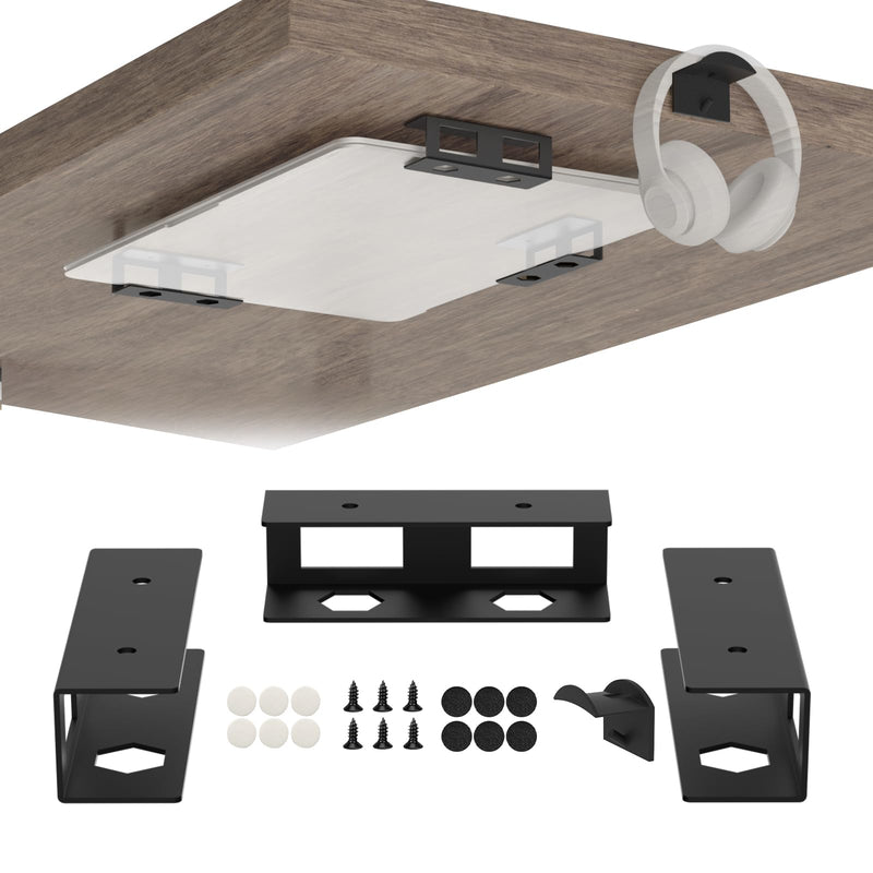 Under Desk Laptop Mount Metal Under Desk Laptop Holder with Anti-Scratch Pads Compatible with Lenovo HP Asus Acer Laptop,Mac Mini,Macbook,Keyboard Under Desk Shelf Tray with Headphone Hanger