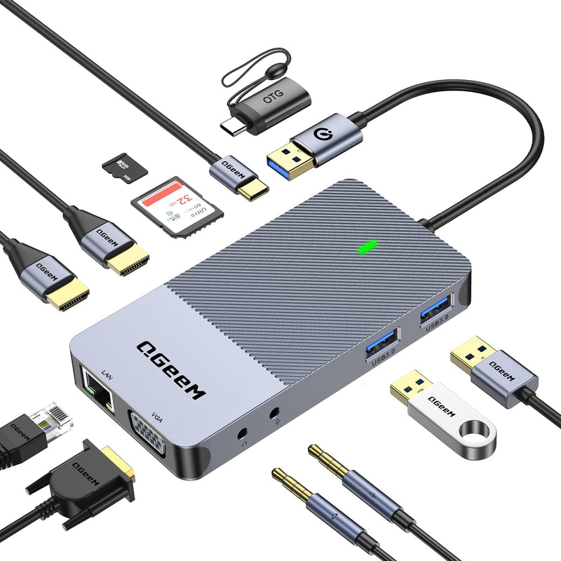 QGeeM USB 3.0 Laptop Docking Station, Triple Display USB Hub Hdmi Splitter Extender Dual Monitor,USB Dock with 2 HDMI, VGA, USB 3.0, Card Reder Compatible for MacBook M1 M2 M3 M4 Dell HP Lenovo Mac OS Classic Grey