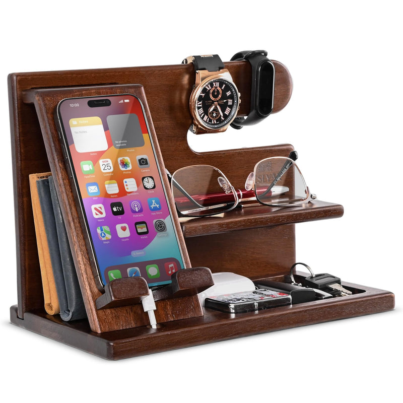 TESLYAR Wood Phone Docking Station for Men - Desktop or Nightstand Organizer - Birthday Gifts for Men, Dad - Anniversary Idea from Wife - Key Holder, Stand Wallet, Watch & Essentials (Chestnut) Chestnut